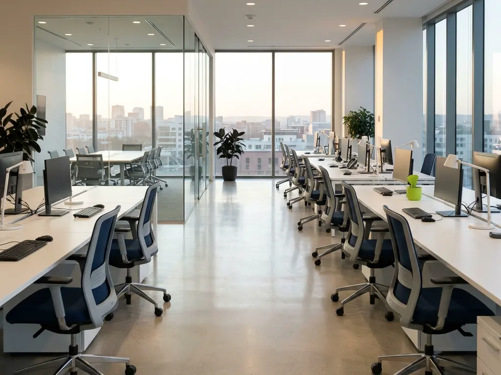 Office cleaning: Single- and multi-tenant offices, executive suites and headquarters: desks, kitchens, restrooms and floors, reset after hours.
